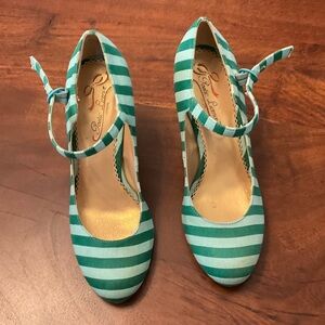 Green Striped Pumps with Ankle Strap